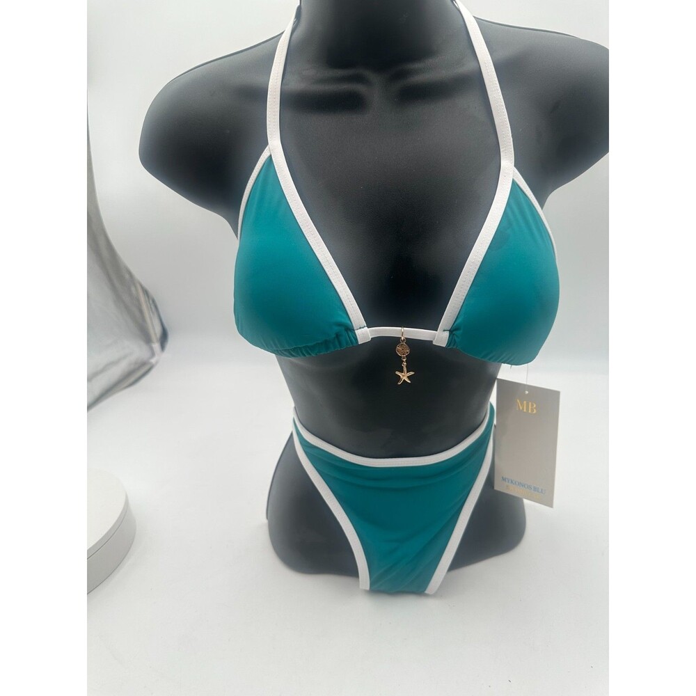 Mykonos Blu Teal White Contrast Triangle Bikini Set Gold Starfish Charm NWT